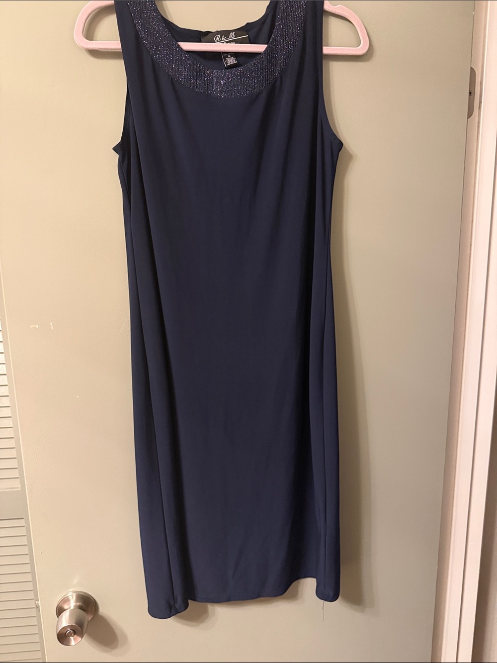 R&M Richards Navy Sleeveless Beaded Neckline Dress